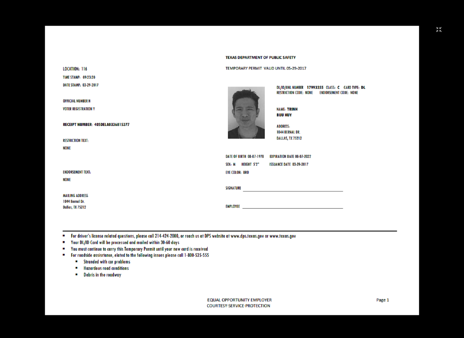 temporary paper drivers license template